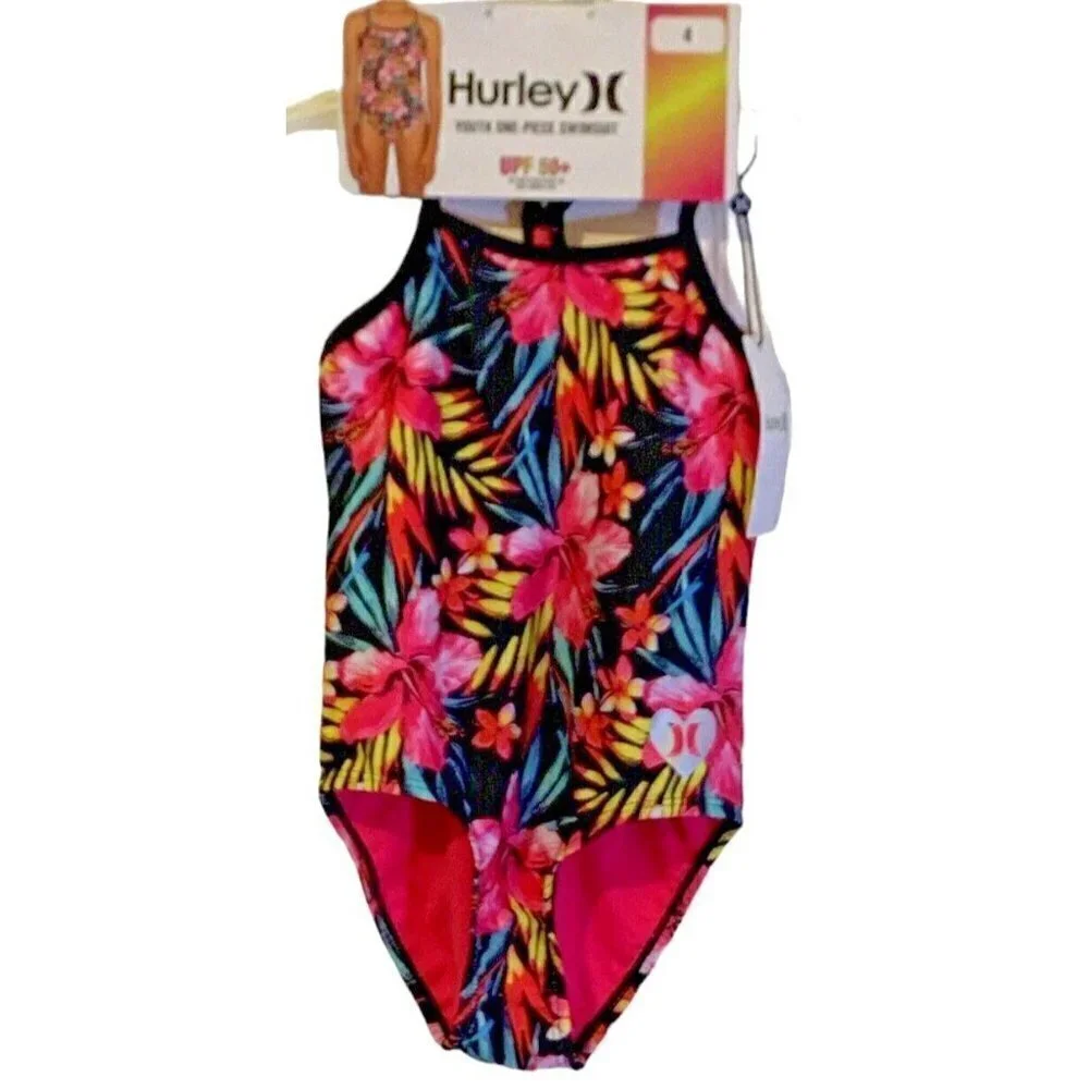 Hurley Girls UPF 50+ One Piece Quick Dry Swimsuit Youth Size 4 Pink Floral